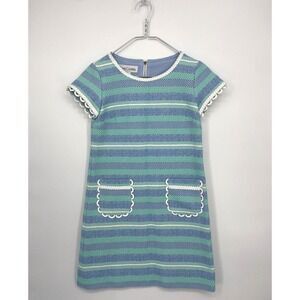 Sara Campbell Dress Womens 2 Blue Green Shift Striped Tweed Pockets